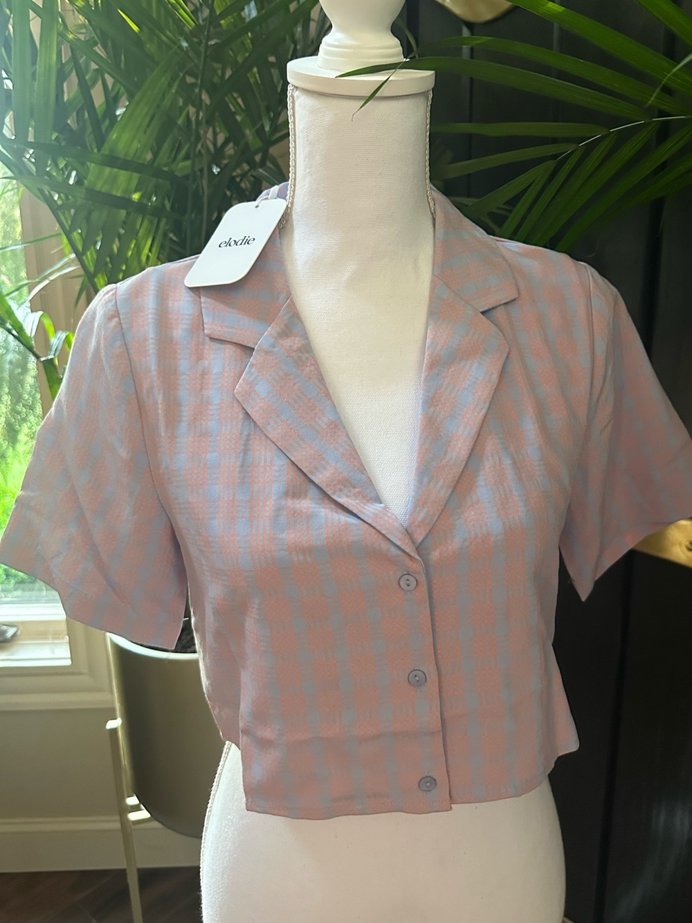 NWT ANTHROPOLOGY for ELODIE Checked Cropped Button Up Top shirt purple orange XS